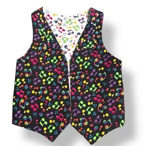 Vintage Handmade Reversible Rainbow Music Note Vest Black White Colorful Notes